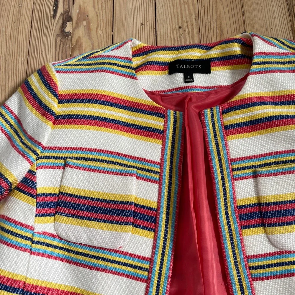Talbots Women Colorful Striped Blazer Jacket Preppy Business Collarless Size‎ 2